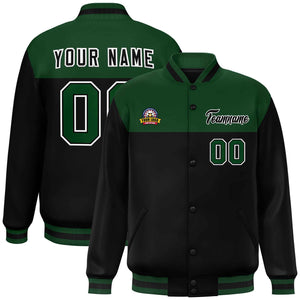 Custom Green Black-White Varsity Full-Snap Color Block Lettermen Baseball Jacket