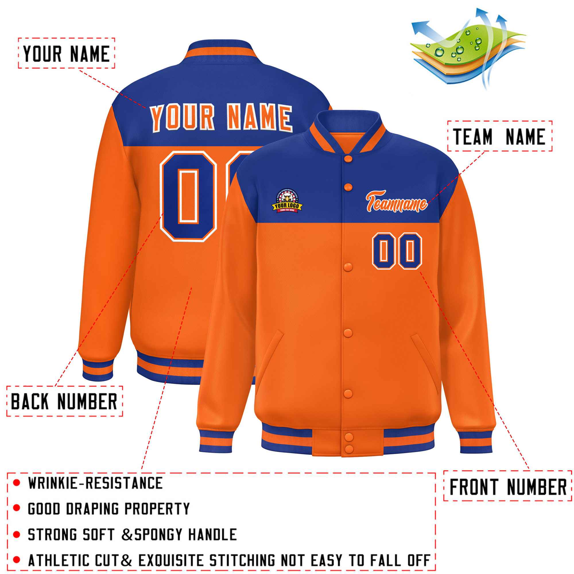 Custom Royal Orange-White Varsity Full-Snap Color Block Lettermen Baseball Jacket