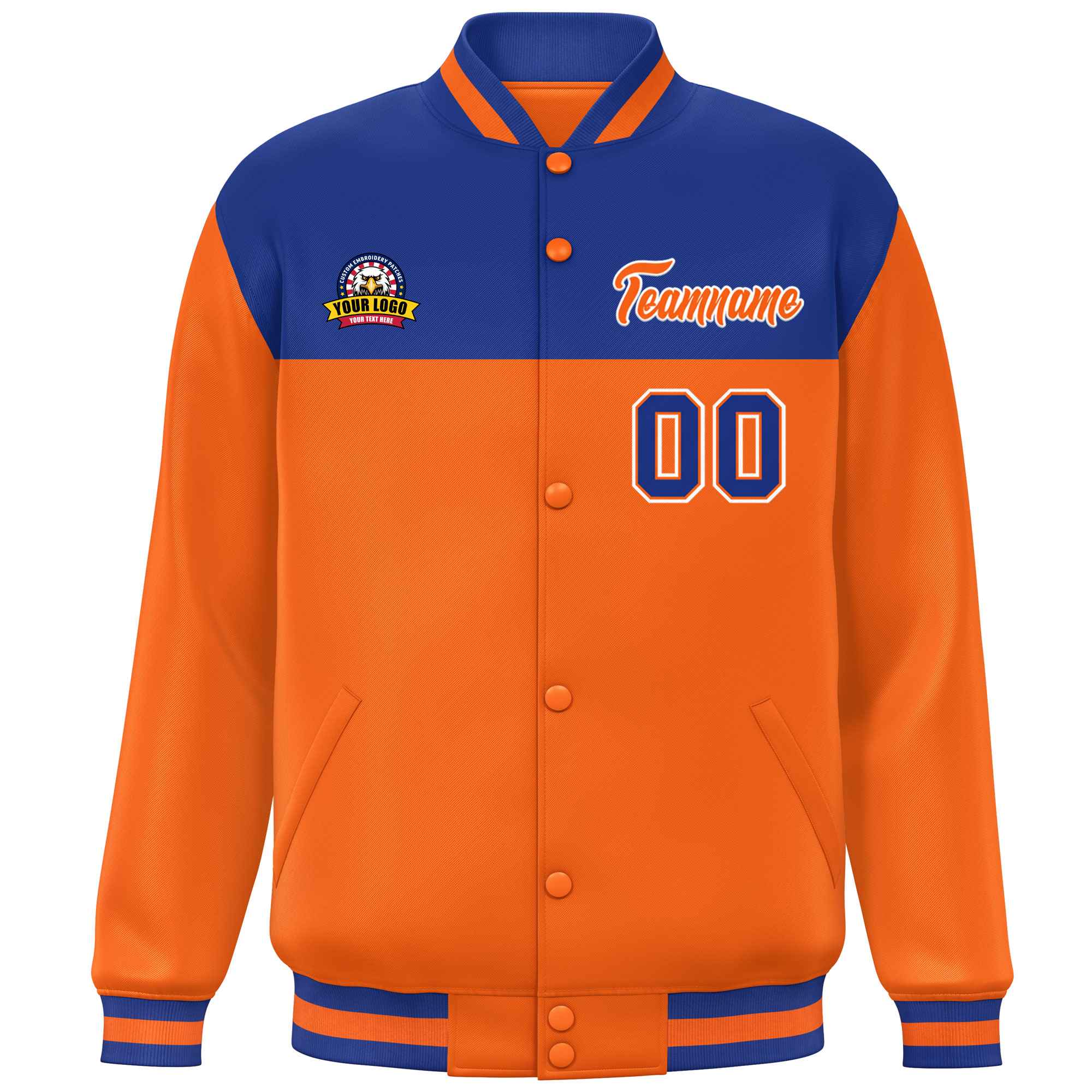 Custom Royal Orange-White Varsity Full-Snap Color Block Lettermen Baseball Jacket