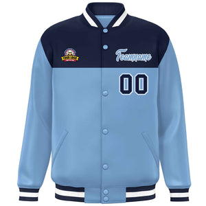 Custom Navy Light Blue-White Varsity Full-Snap Color Block Lettermen Baseball Jacket