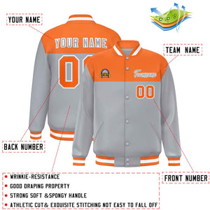 Custom Orange Gray-White Varsity Full-Snap Color Block Lettermen Baseball Jacket