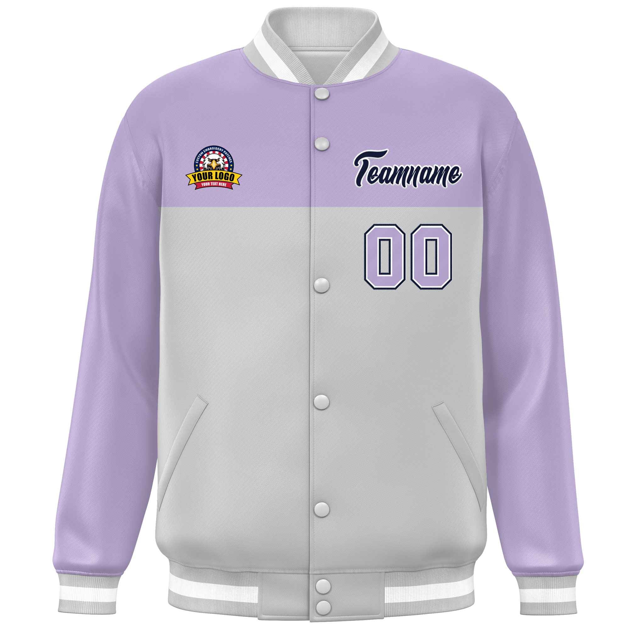 Custom Light Purple Gray-Navy Varsity Full-Snap Color Block Lettermen Baseball Jacket