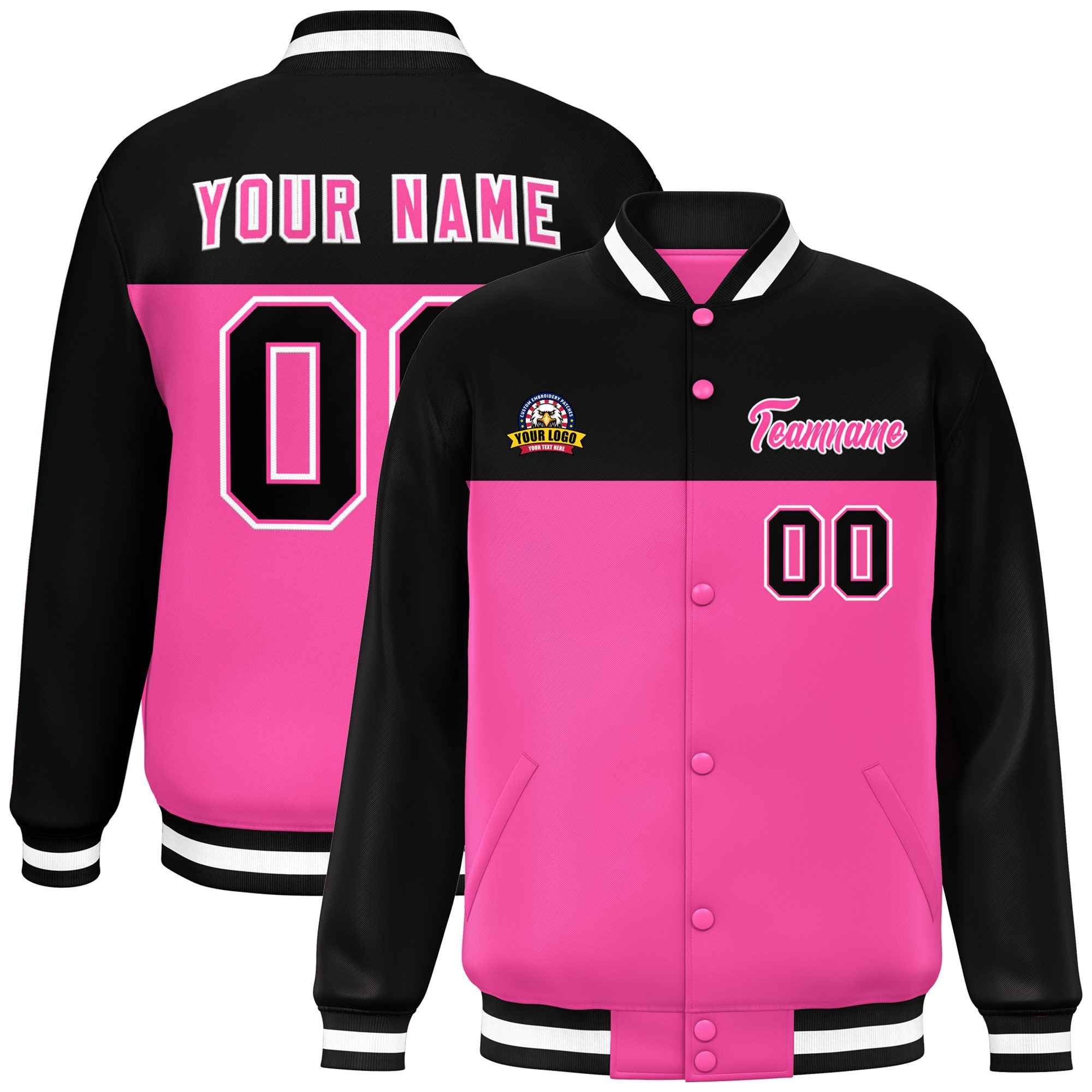 Custom Black Rose Red-White Varsity Full-Snap Color Block Lettermen Baseball Jacket