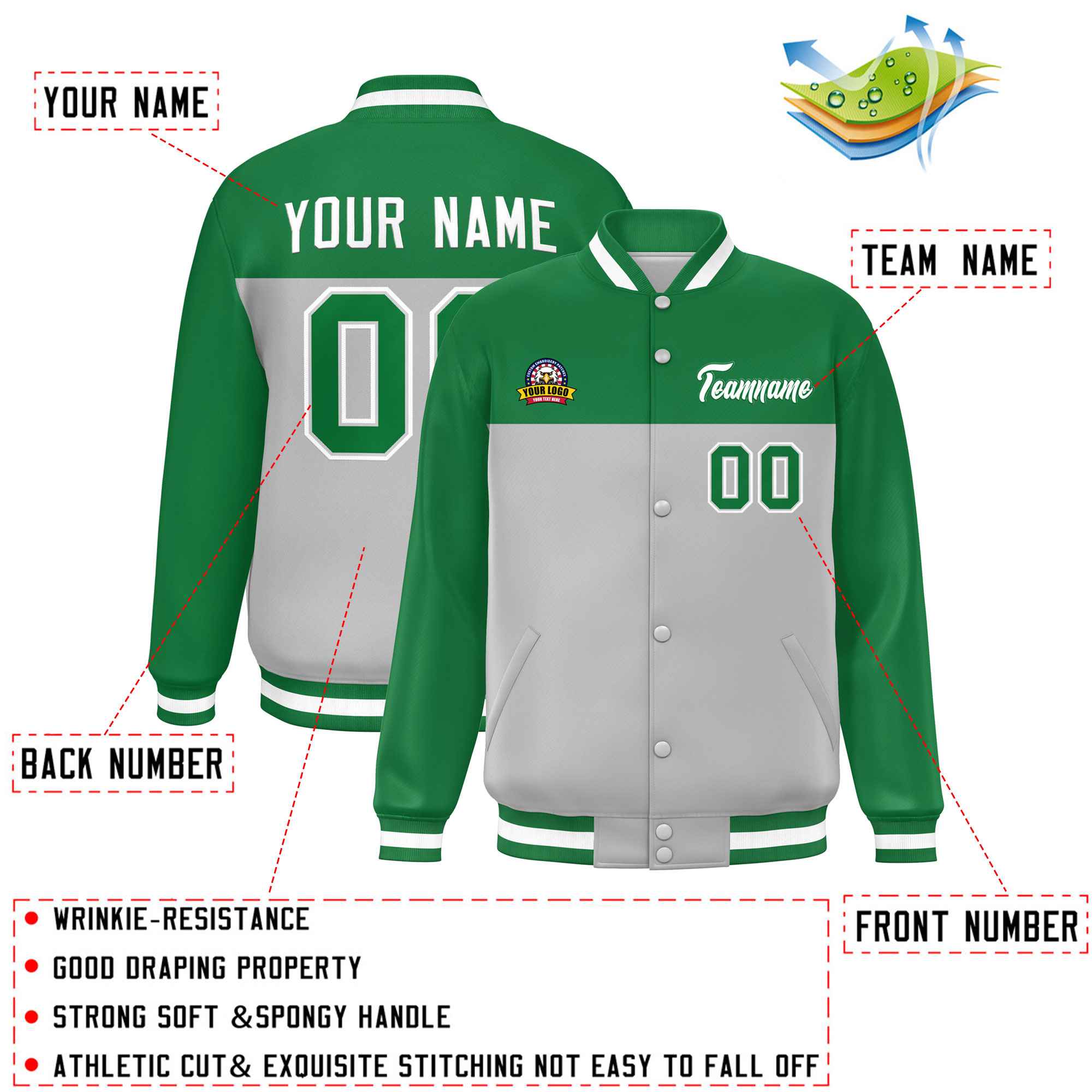 Custom Kelly Green Gray-White Varsity Full-Snap Color Block Lettermen Baseball Jacket