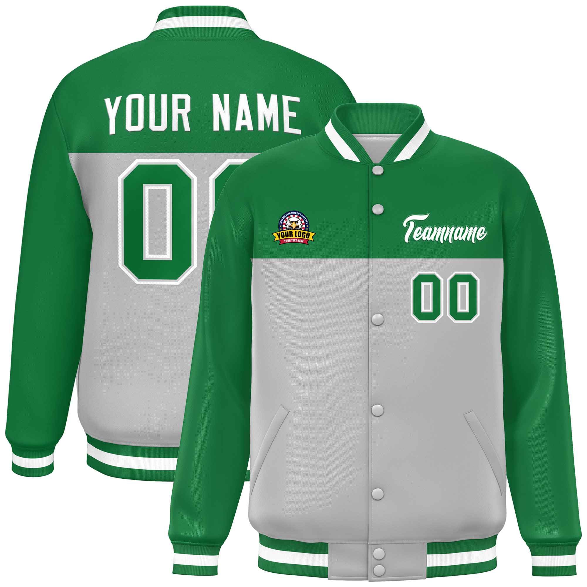 Custom Kelly Green Gray-White Varsity Full-Snap Color Block Lettermen Baseball Jacket