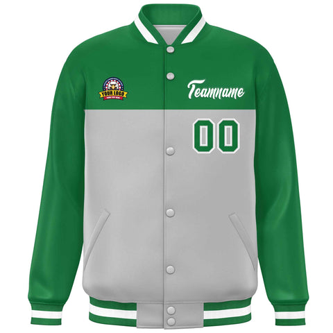 Custom Kelly Green Gray-White Varsity Full-Snap Color Block Lettermen Baseball Jacket