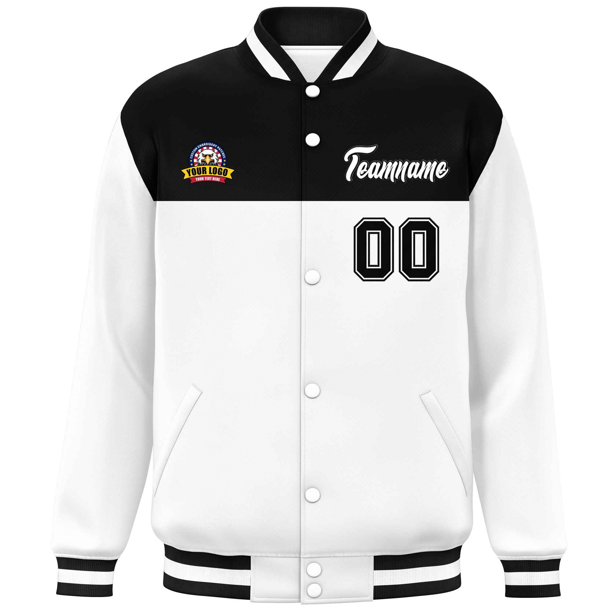 Custom Black White Varsity Full-Snap Color Block Lettermen Baseball Jacket