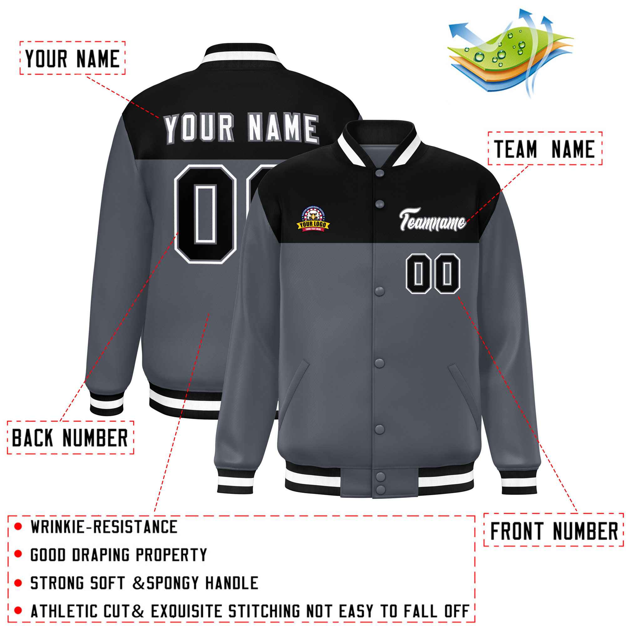 Custom Black Dark Gray-White Varsity Full-Snap Color Block Lettermen Baseball Jacket