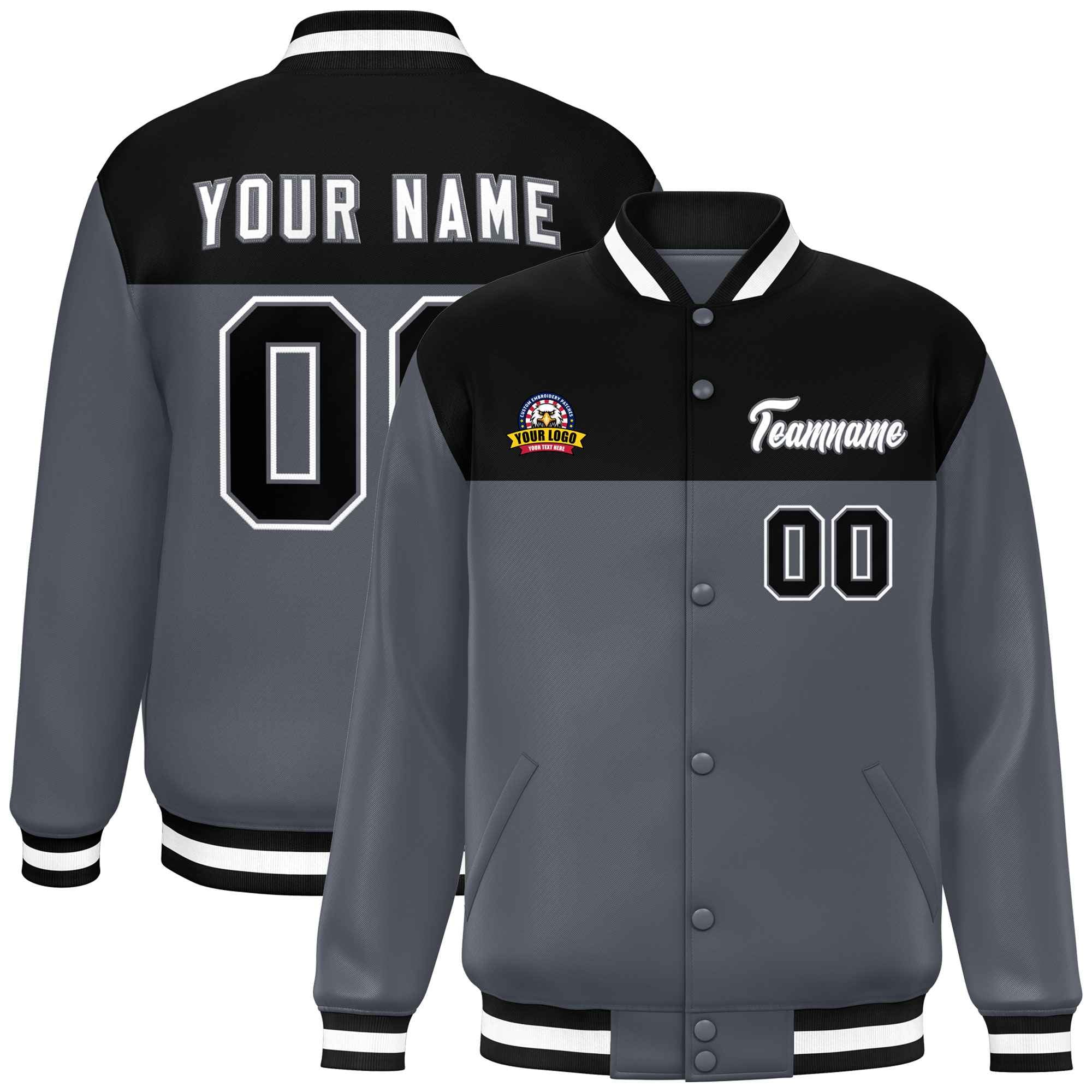 Custom Black Dark Gray-White Varsity Full-Snap Color Block Lettermen Baseball Jacket