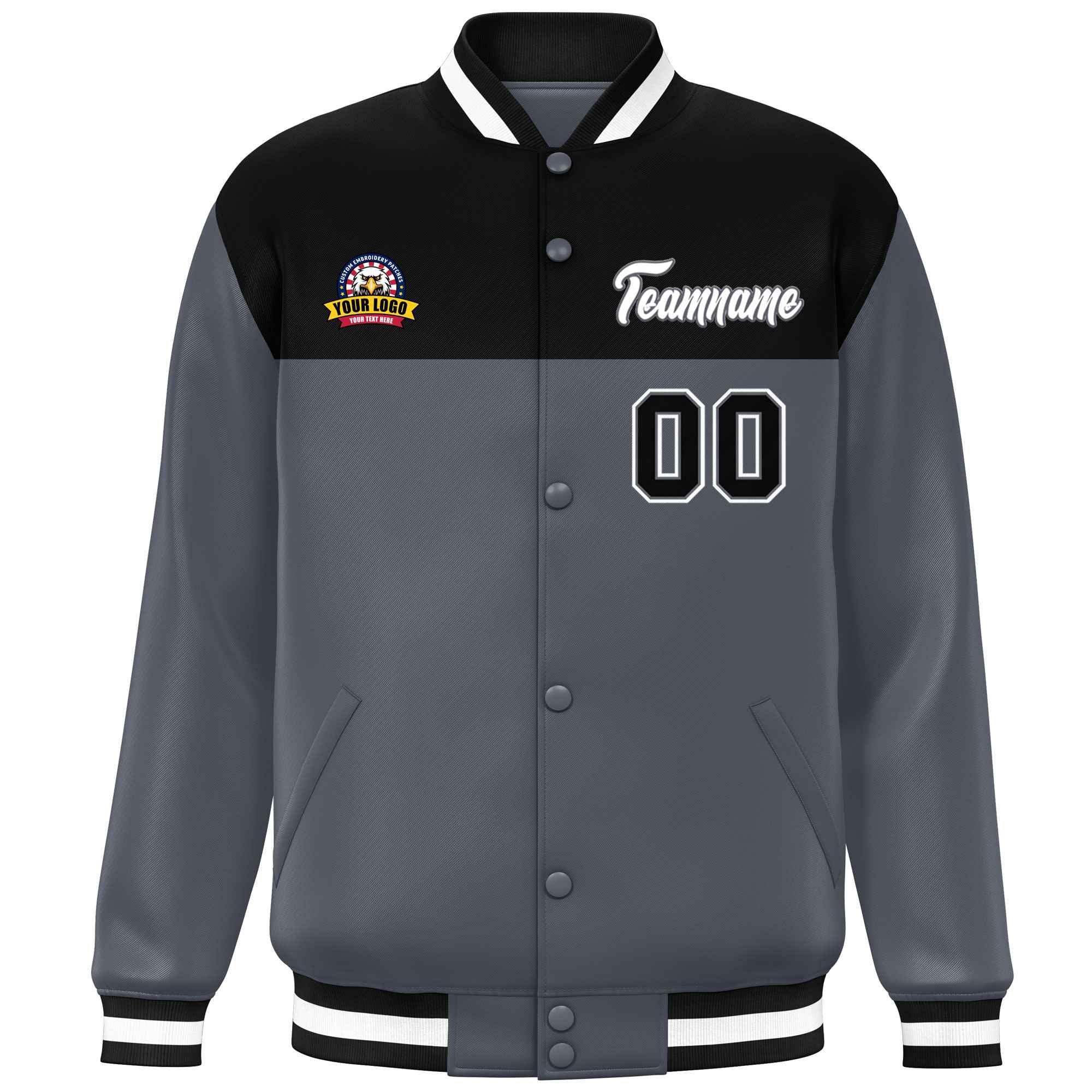 Custom Black Dark Gray-White Varsity Full-Snap Color Block Lettermen Baseball Jacket