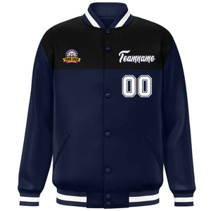 Custom Black Navy-White Varsity Full-Snap Color Block Lettermen Baseball Jacket