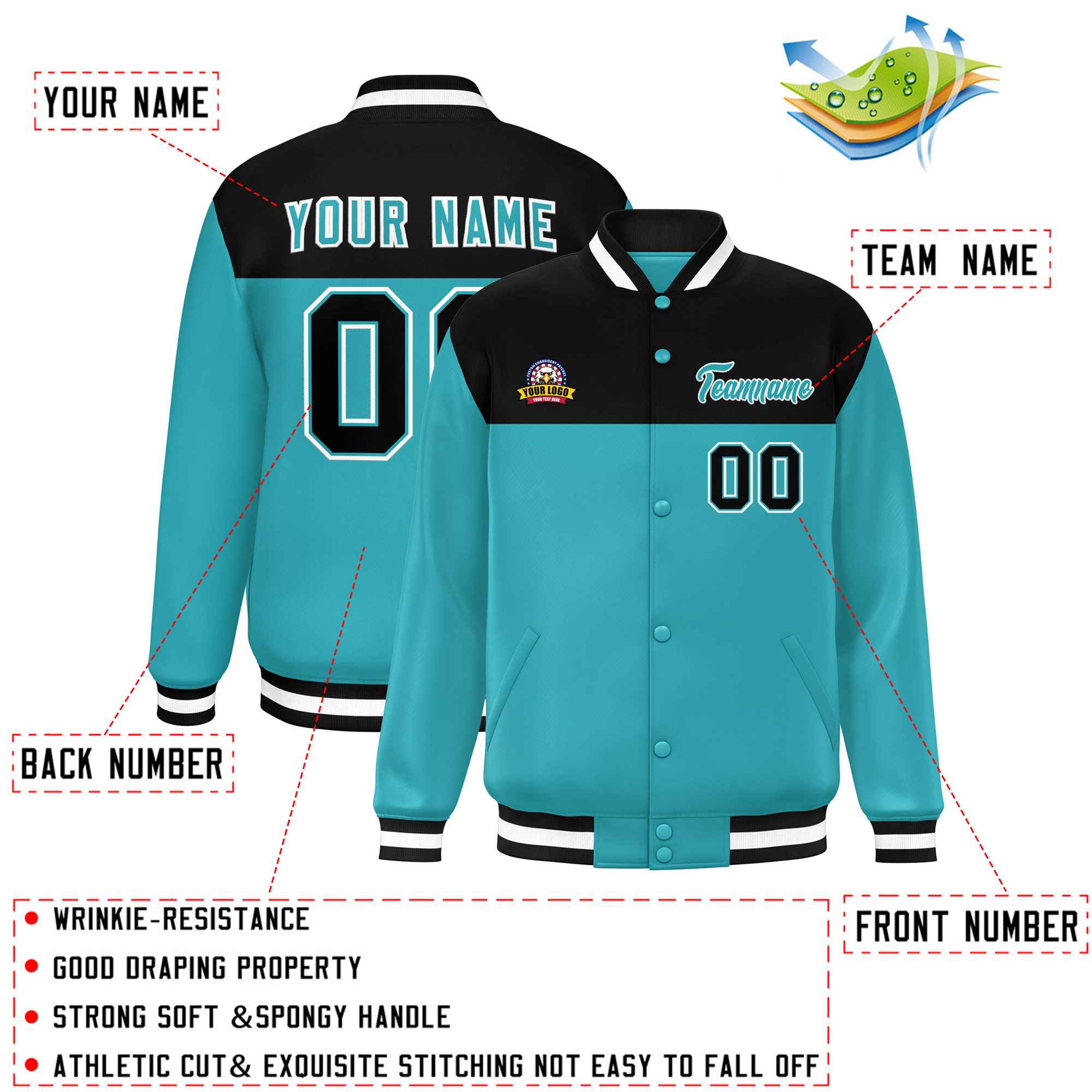 Custom Black Aqua-White Varsity Full-Snap Color Block Lettermen Baseball Jacket