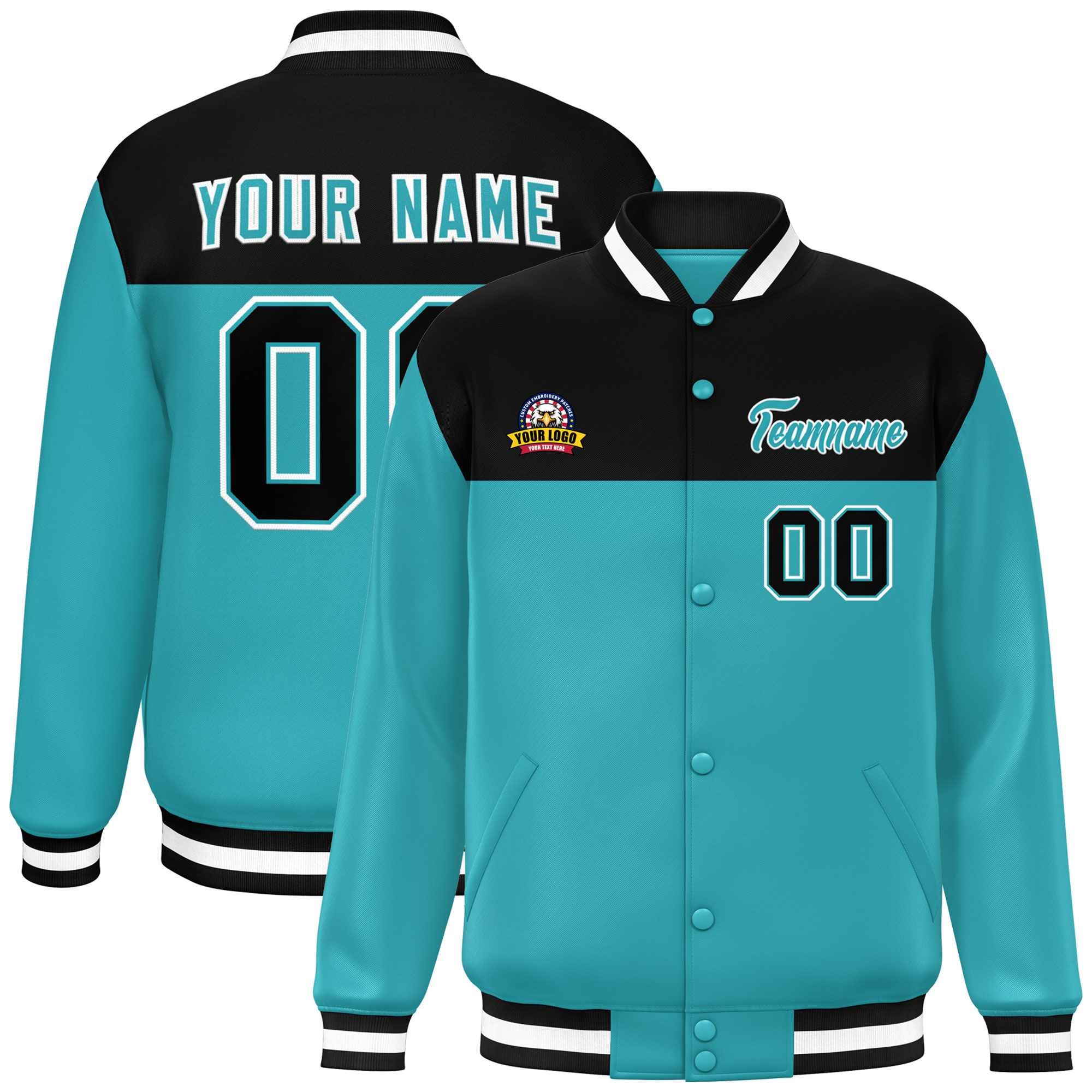 Custom Black Aqua-White Varsity Full-Snap Color Block Lettermen Baseball Jacket