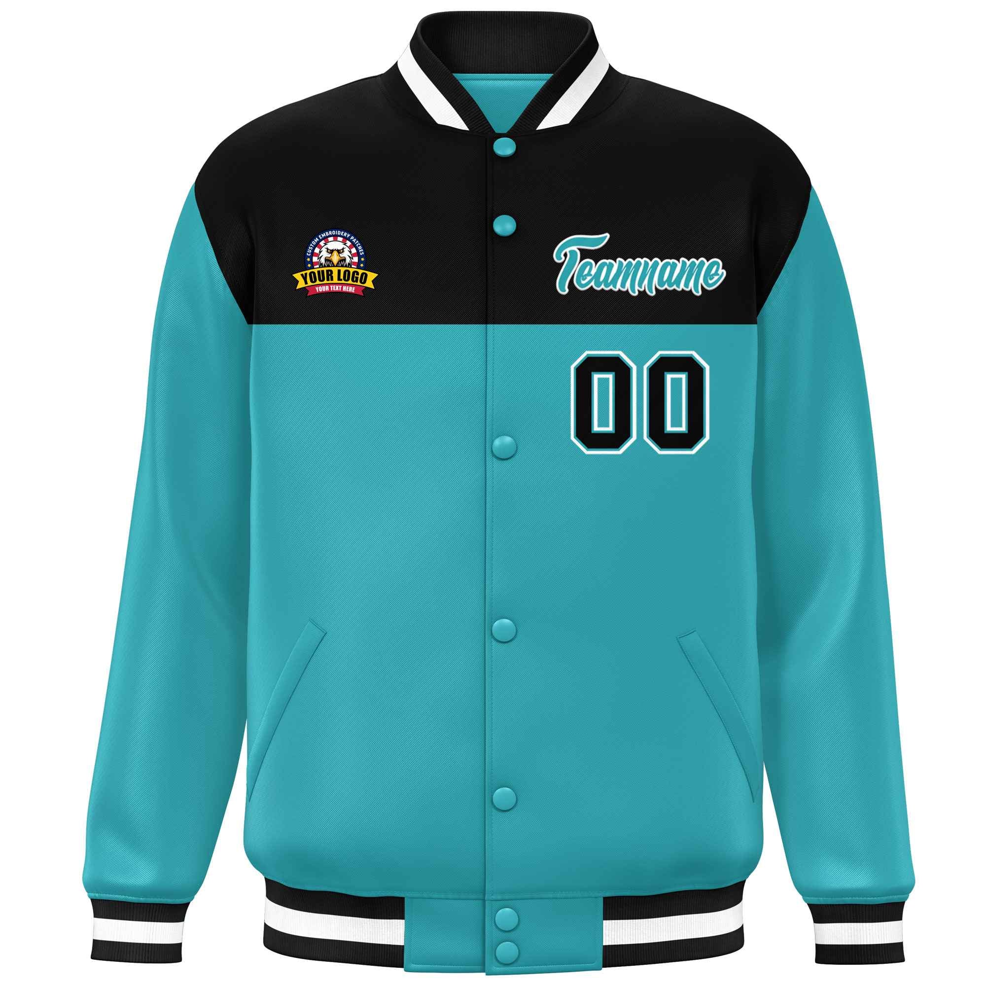 Custom Black Aqua-White Varsity Full-Snap Color Block Lettermen Baseball Jacket