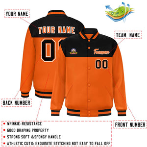 Custom Black Orange-White Varsity Full-Snap Color Block Lettermen Baseball Jacket