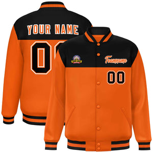 Custom Black Orange-White Varsity Full-Snap Color Block Lettermen Baseball Jacket