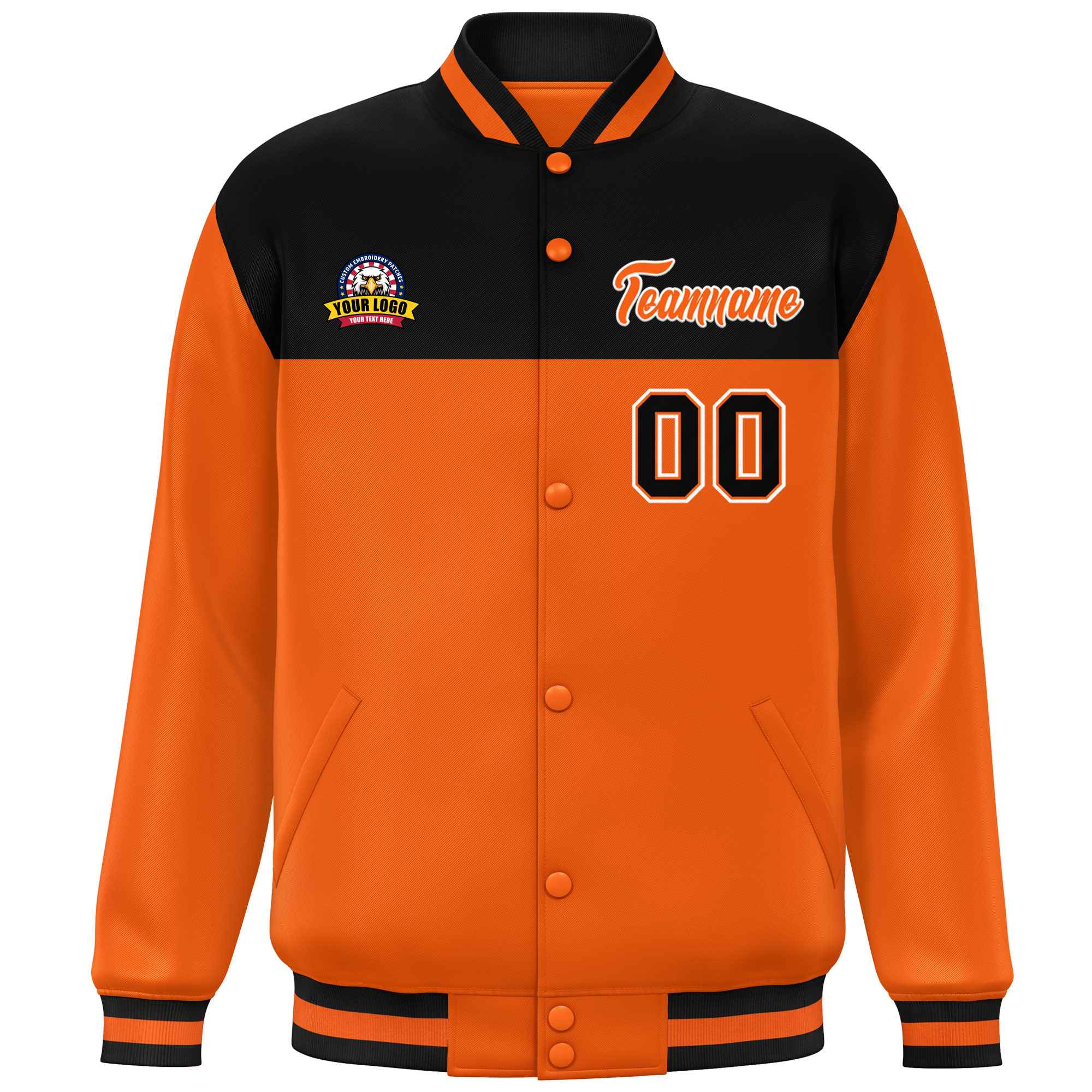 Custom Black Orange-White Varsity Full-Snap Color Block Lettermen Baseball Jacket