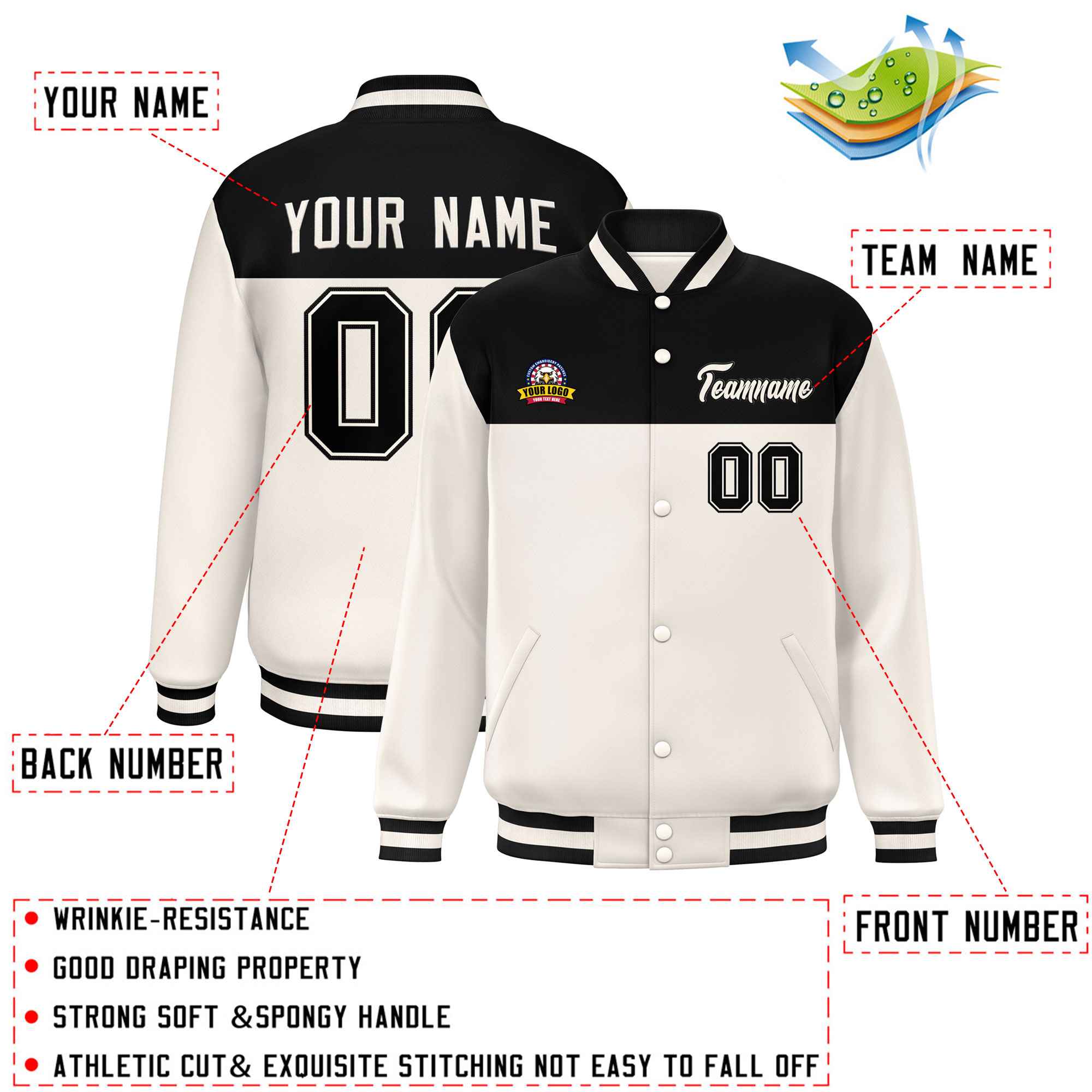 Custom Black Cream Varsity Full-Snap Color Block Lettermen Baseball Jacket