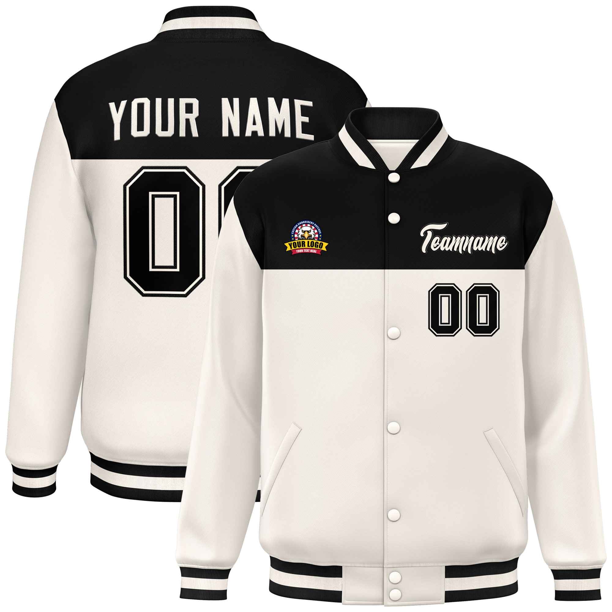 Custom Black Cream Varsity Full-Snap Color Block Lettermen Baseball Jacket