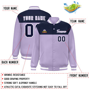 Custom Navy Light Purple-White Varsity Full-Snap Color Block Lettermen Baseball Jacket