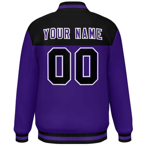 Custom Black Purple-White Varsity Full-Snap Color Block Lettermen Baseball Jacket