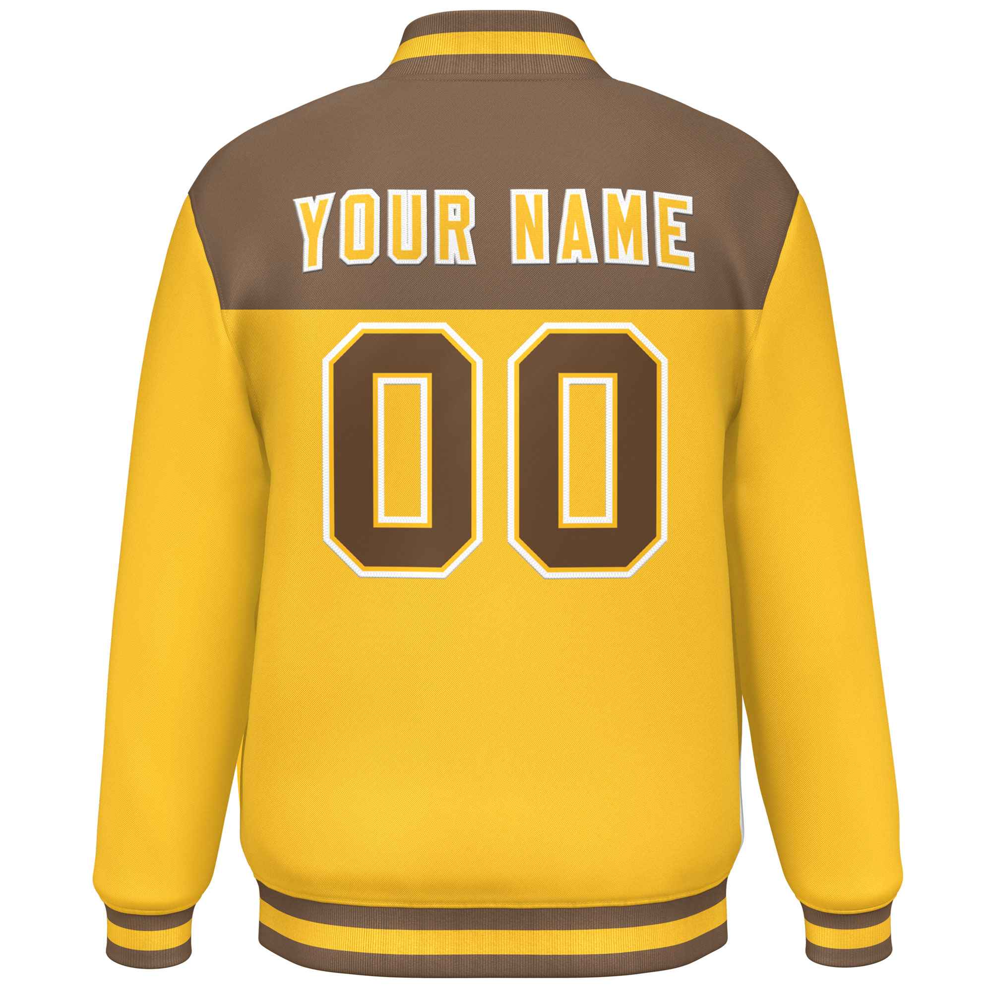 Veste de baseball personnalisée marron clair or-blanc Varsity Full-Snap Color Block Lettermen