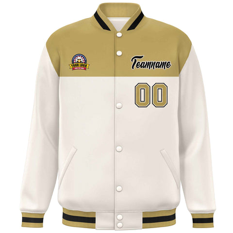 Custom Old Gold Cream-Black Varsity Full-Snap Color Block Lettermen Baseball Jacket