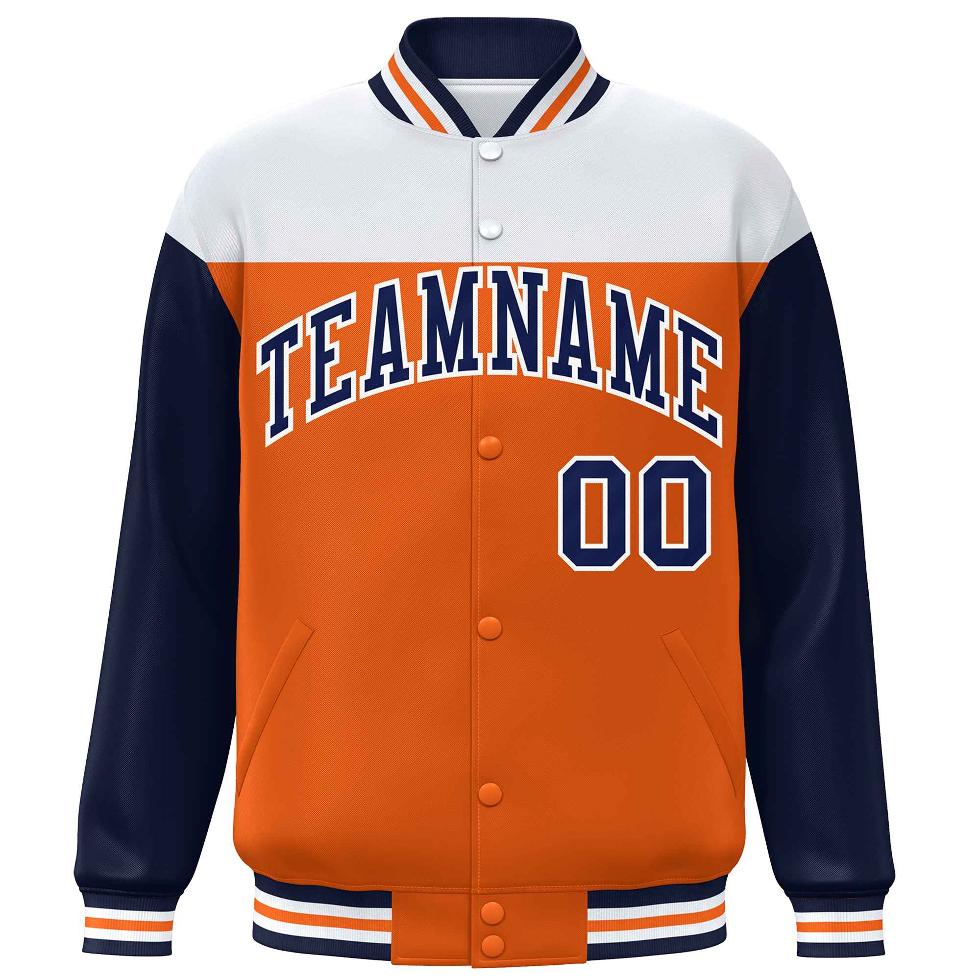 Custom White Orange-Navy Letterman Color Block Varsity Full-Snap Baseball Jacket