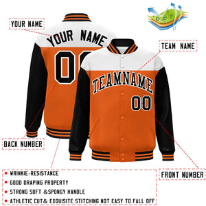 Custom White Orange-Black Letterman Color Block Varsity Full-Snap Baseball Jacket