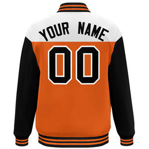 Custom White Orange-Black Letterman Color Block Varsity Full-Snap Baseball Jacket