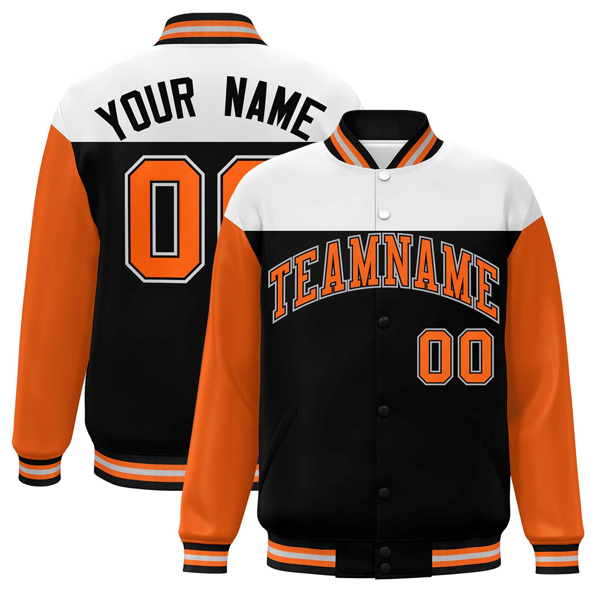 Custom White Black-Orange Letterman Color Block Varsity Full-Snap Baseball Jacket