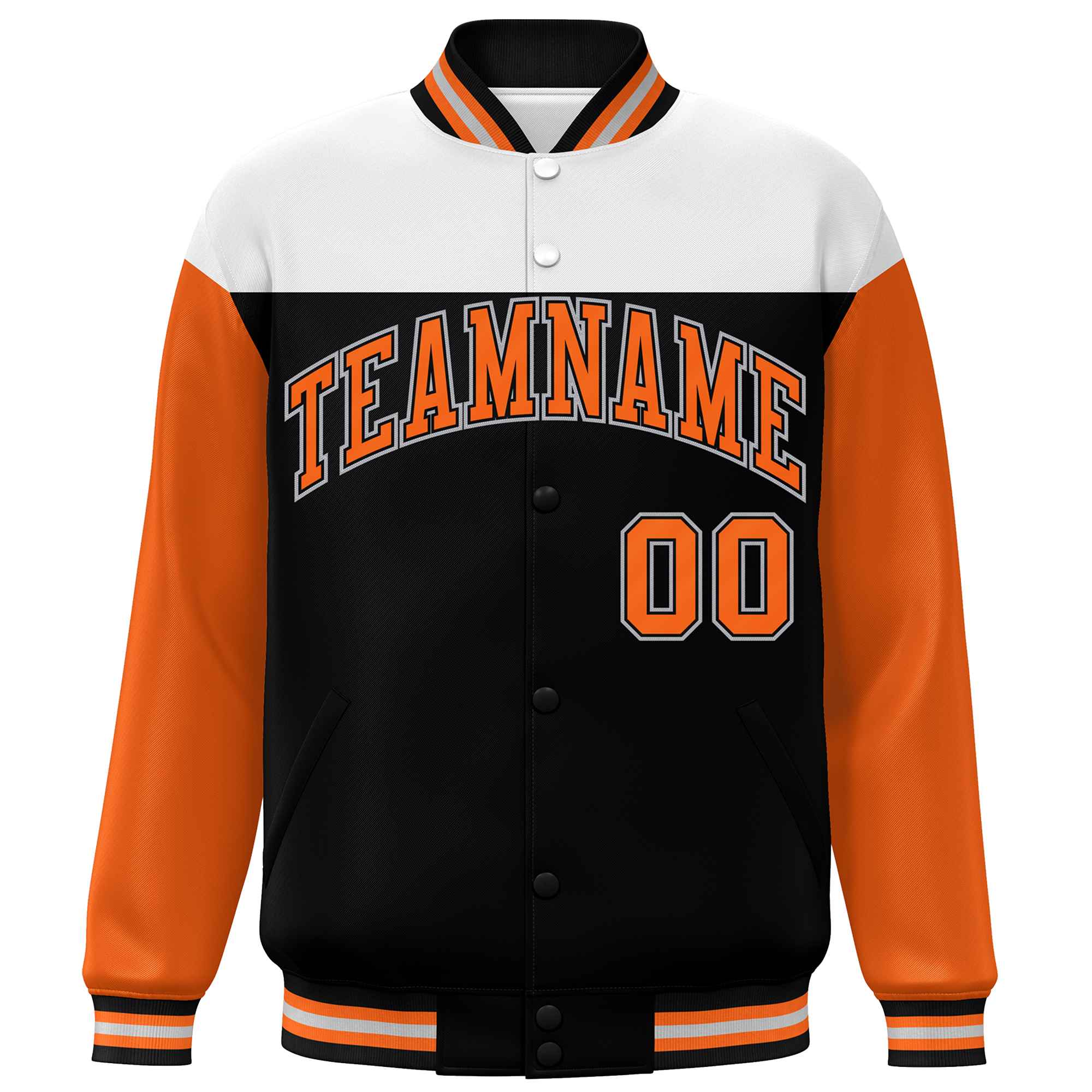 Custom White Black-Orange Letterman Color Block Varsity Full-Snap Baseball Jacket