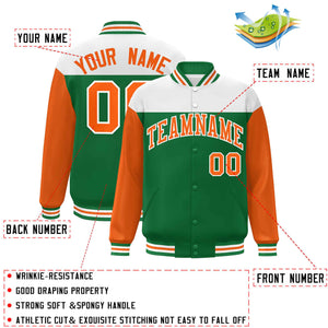 Custom White Kelly Green-Orange Letterman Color Block Varsity Full-Snap Baseball Jacket