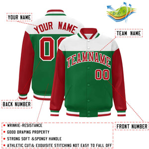 Custom White Kelly Green-Red Letterman Color Block Varsity Full-Snap Baseball Jacket