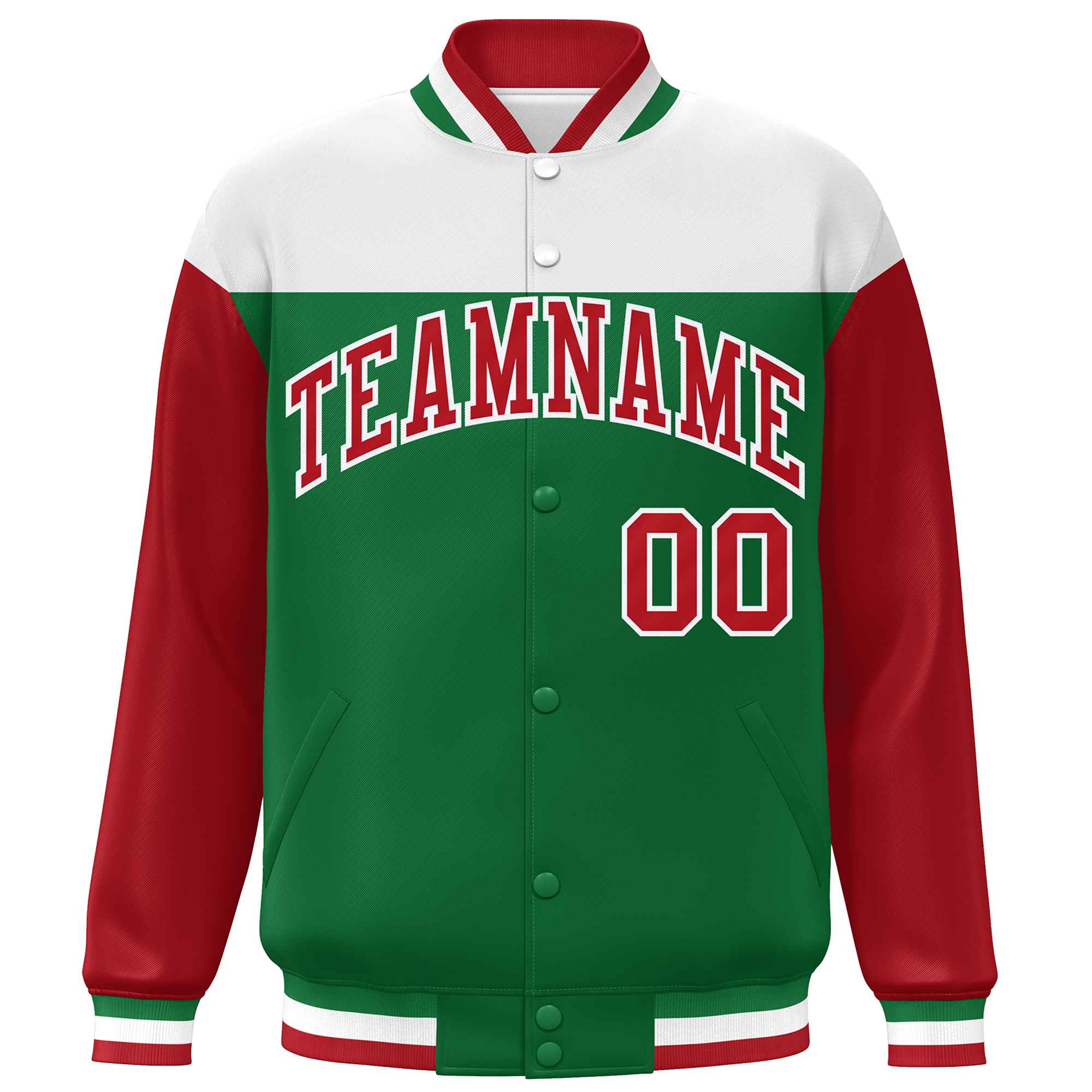 Custom White Kelly Green-Red Letterman Color Block Varsity Full-Snap Baseball Jacket