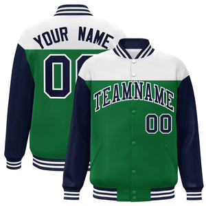 Custom White Kelly Green-Navy Letterman Color Block Varsity Full-Snap Baseball Jacket