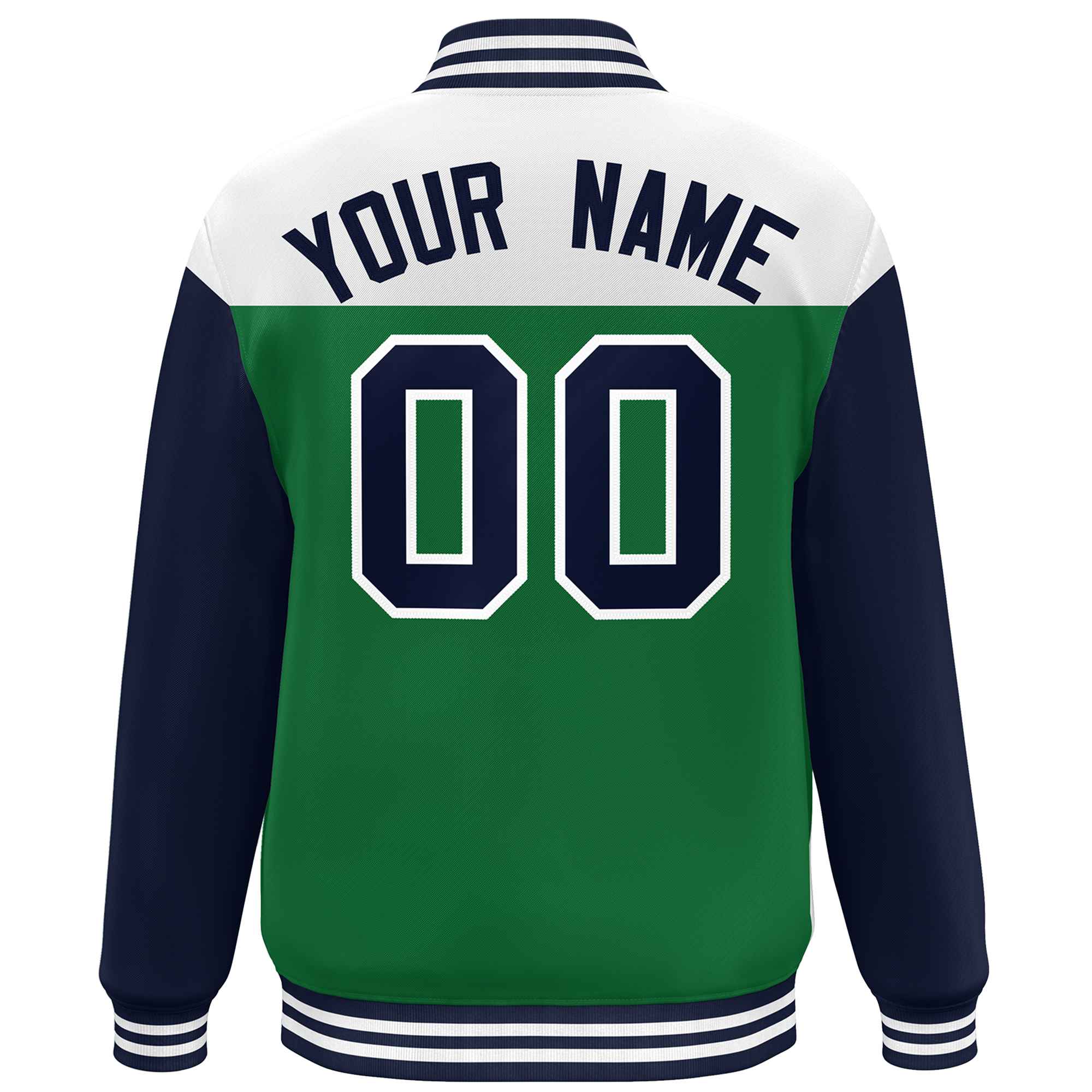 Custom White Kelly Green-Navy Letterman Color Block Varsity Full-Snap Baseball Jacket