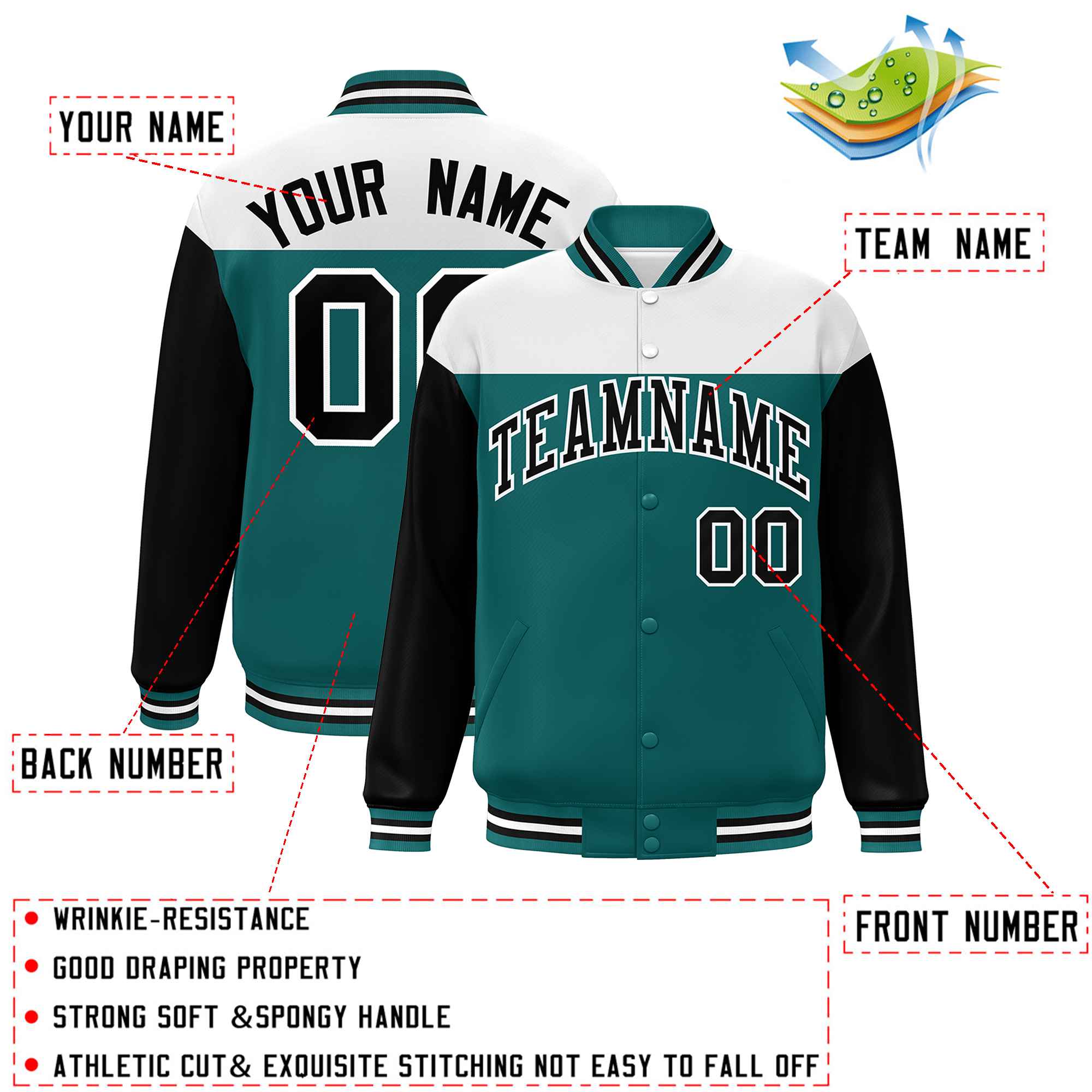 Custom White Aqua-Black Letterman Color Block Varsity Full-Snap Baseball Jacket