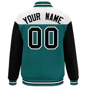 Custom White Aqua-Black Letterman Color Block Varsity Full-Snap Baseball Jacket