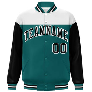 Custom White Aqua-Black Letterman Color Block Varsity Full-Snap Baseball Jacket