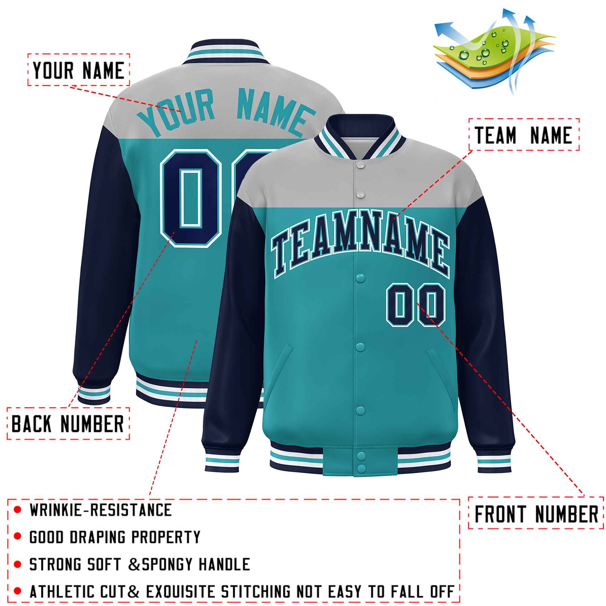 Custom Gray Aqua-Navy Letterman Color Block Varsity Full-Snap Baseball Jacket