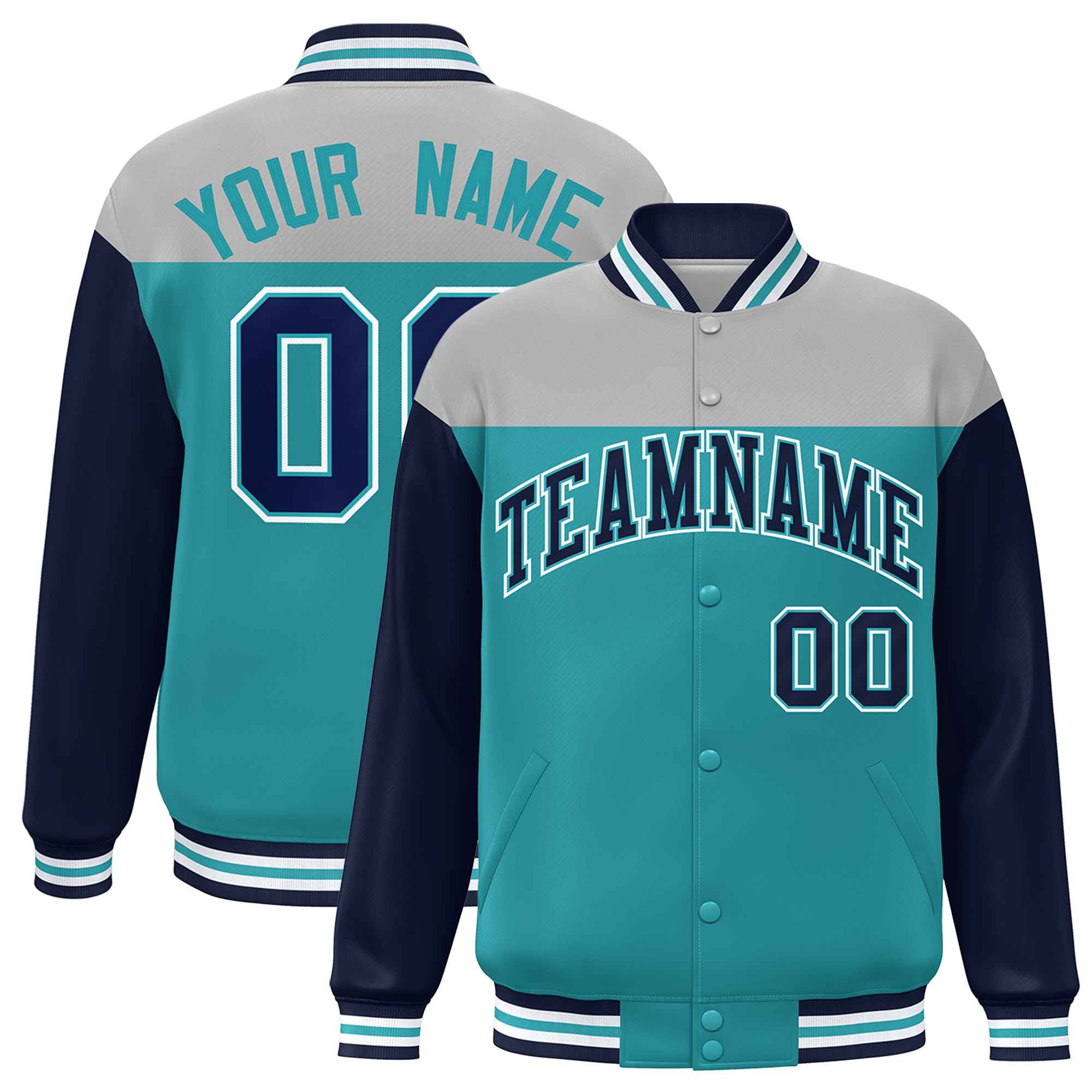 Custom Gray Aqua-Navy Letterman Color Block Varsity Full-Snap Baseball Jacket