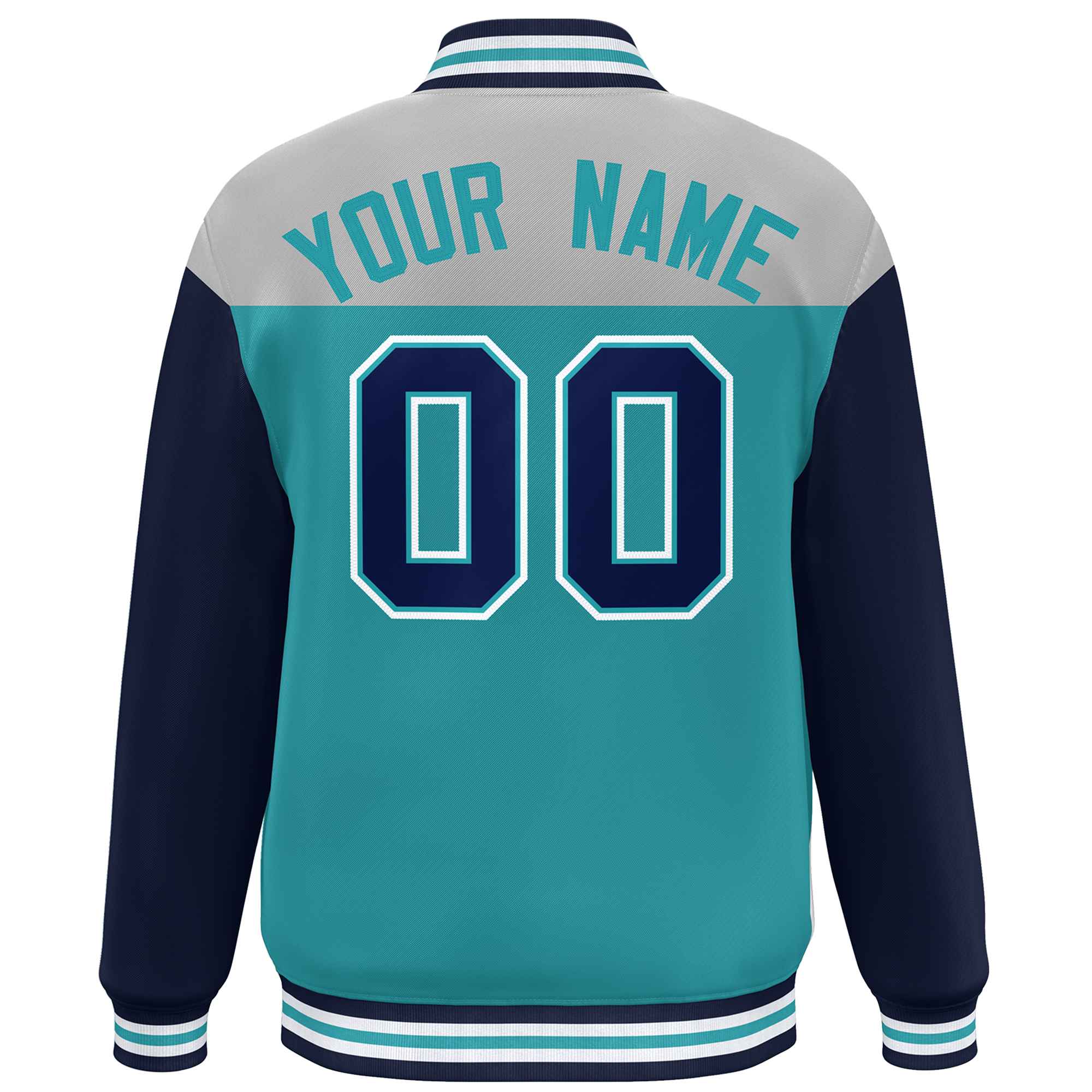 Custom Gray Aqua-Navy Letterman Color Block Varsity Full-Snap Baseball Jacket