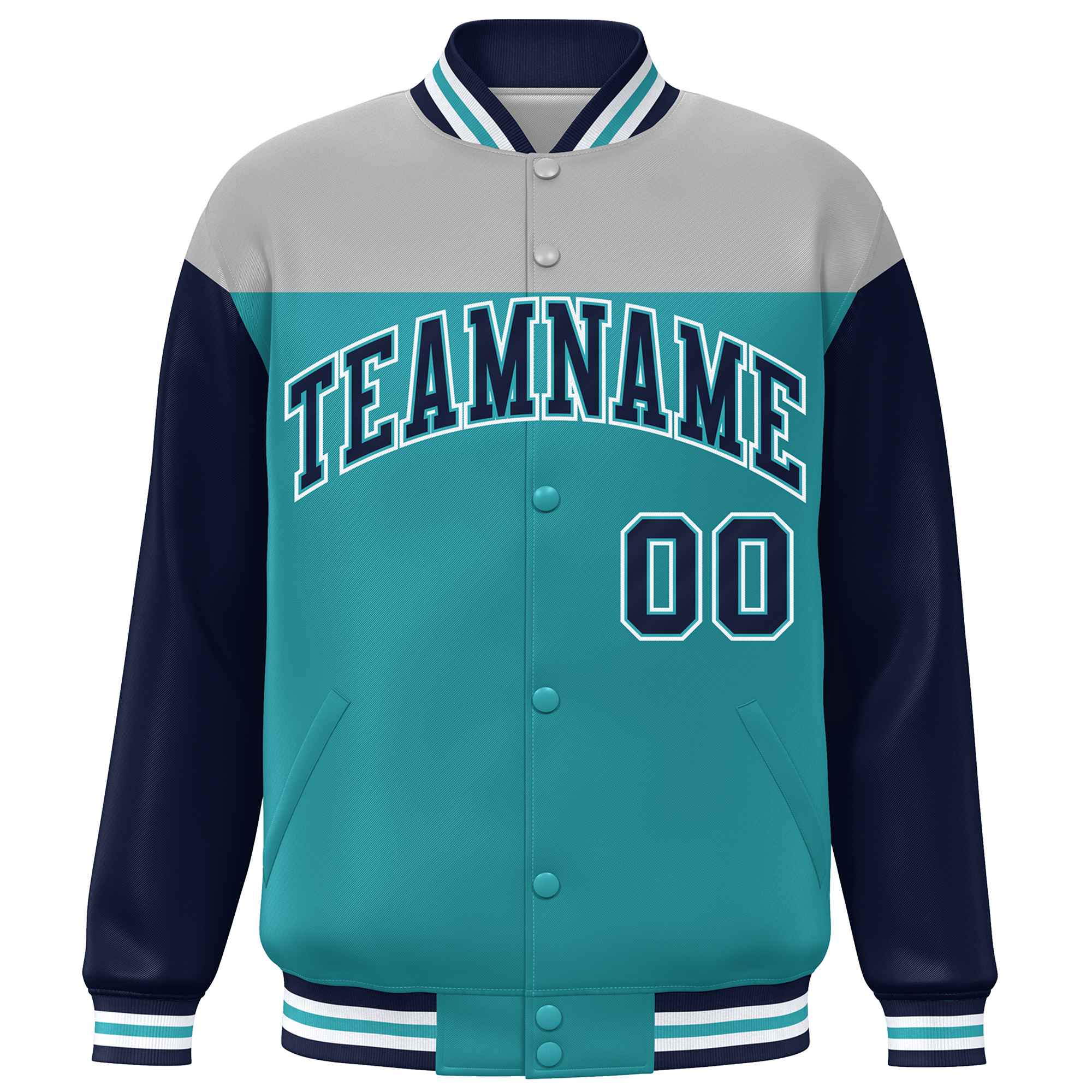 Custom Gray Aqua-Navy Letterman Color Block Varsity Full-Snap Baseball Jacket