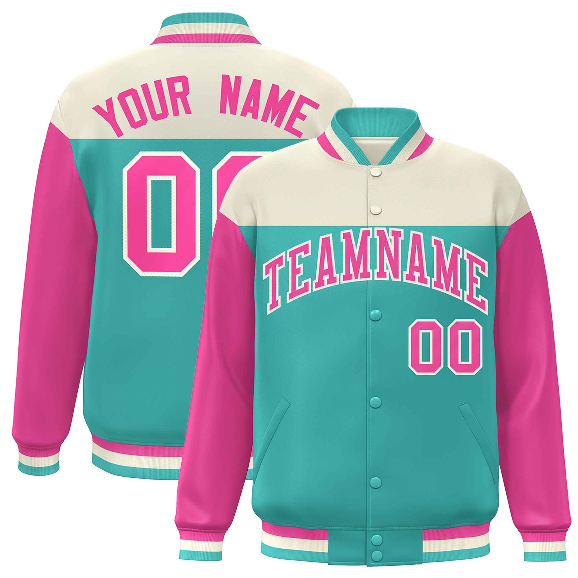 Custom Cream Aqua-Pink Letterman Color Block Varsity Full-Snap Baseball Jacket