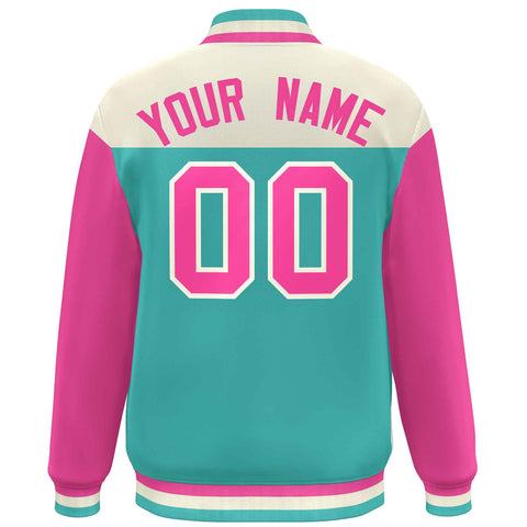 Custom Cream Aqua-Pink Letterman Color Block Varsity Full-Snap Baseball Jacket