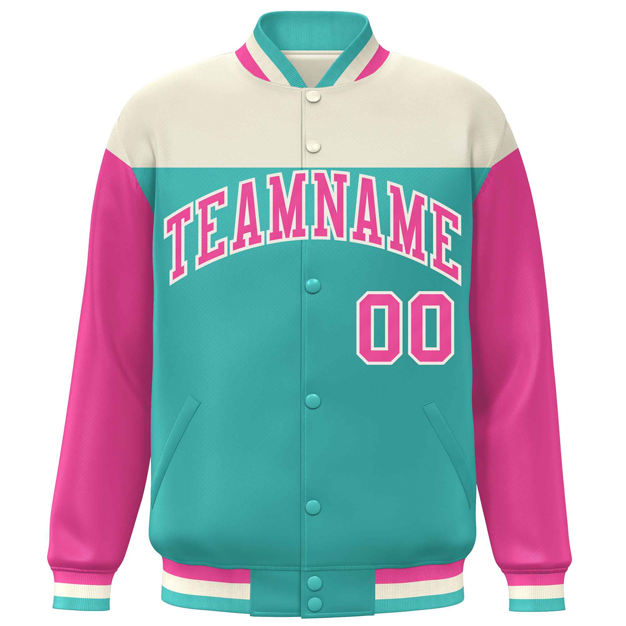 Custom Cream Aqua-Pink Letterman Color Block Varsity Full-Snap Baseball Jacket