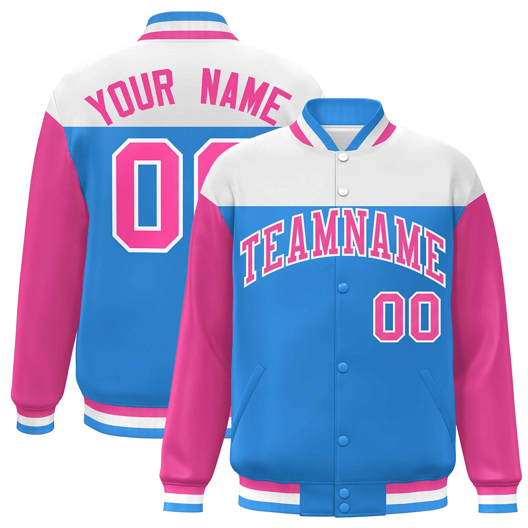 Custom White Powder Blue-Pink Letterman Color Block Varsity Full-Snap Baseball Jacket