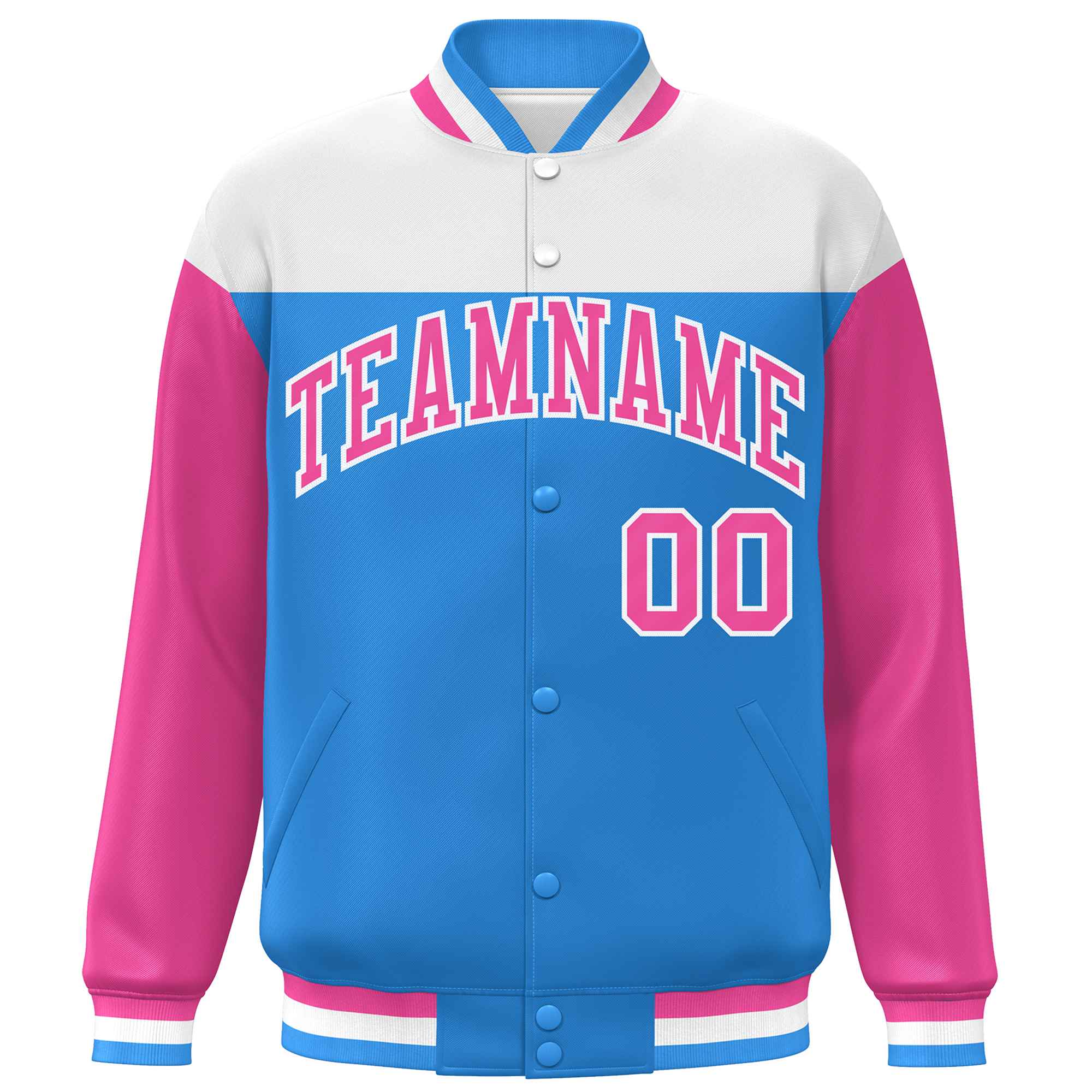 Custom White Powder Blue-Pink Letterman Color Block Varsity Full-Snap Baseball Jacket