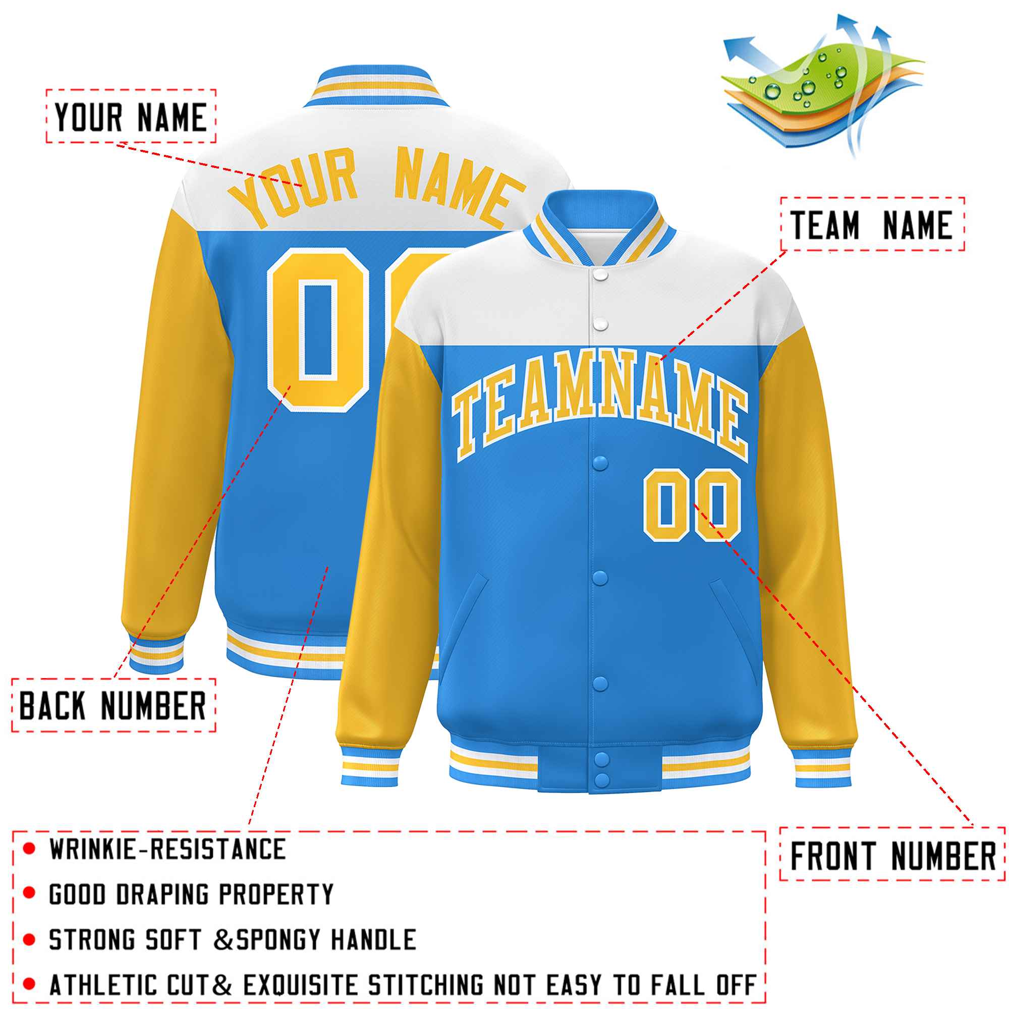 Custom White Powder Blue-Gold Letterman Color Block Varsity Full-Snap Baseball Jacket